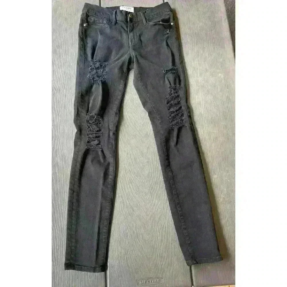 Frame Denim Sz 27 Black Distressed Le Skinny De Jeanne